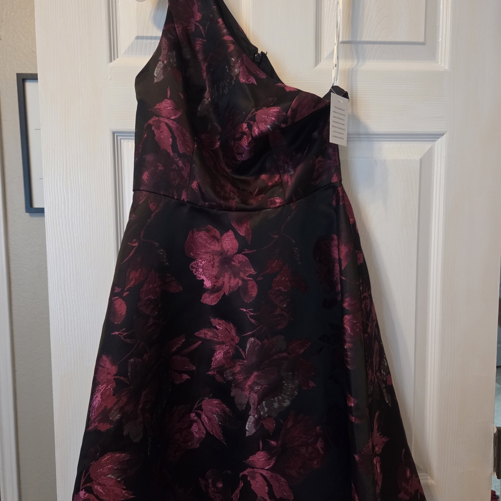 David's Bridal Black and Burgundy Floral One-Shoulder Short Dress